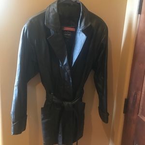 Leather short belted jacket